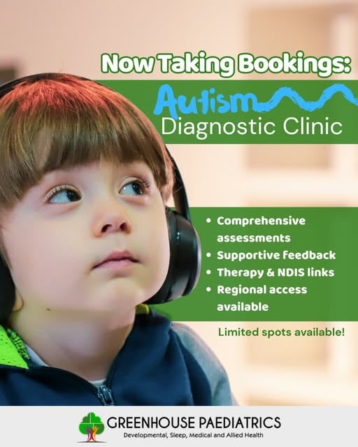 Child wearing headphones looking thoughtful, with text promoting Greenhouse Paediatrics’ Autism Diagnostic Clinic offering best-practice, neuroaffirming autism assessments in Western Australia.